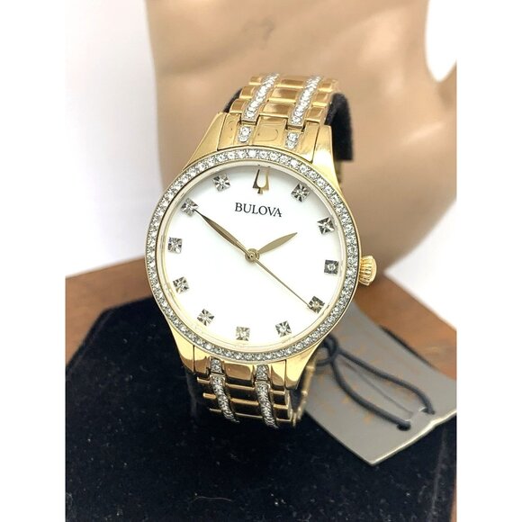 Bulova Women's Watch 98X119 Quartz Crystal Accent Mother of Pearl Dial Gold 32mm - Picture 1 of 13